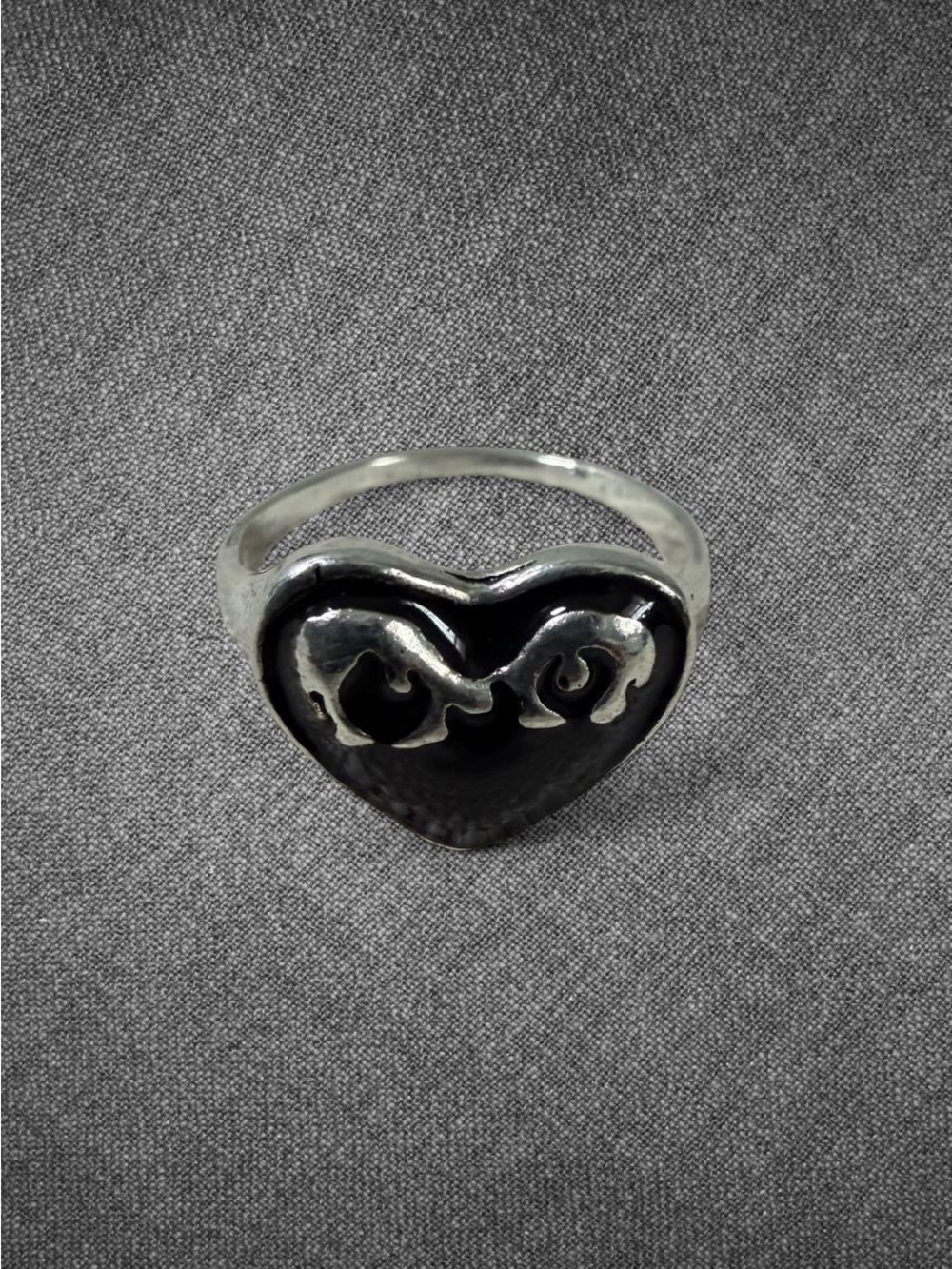 Vintage Black Enamel Heart Adjustable Ring -Size 7.5